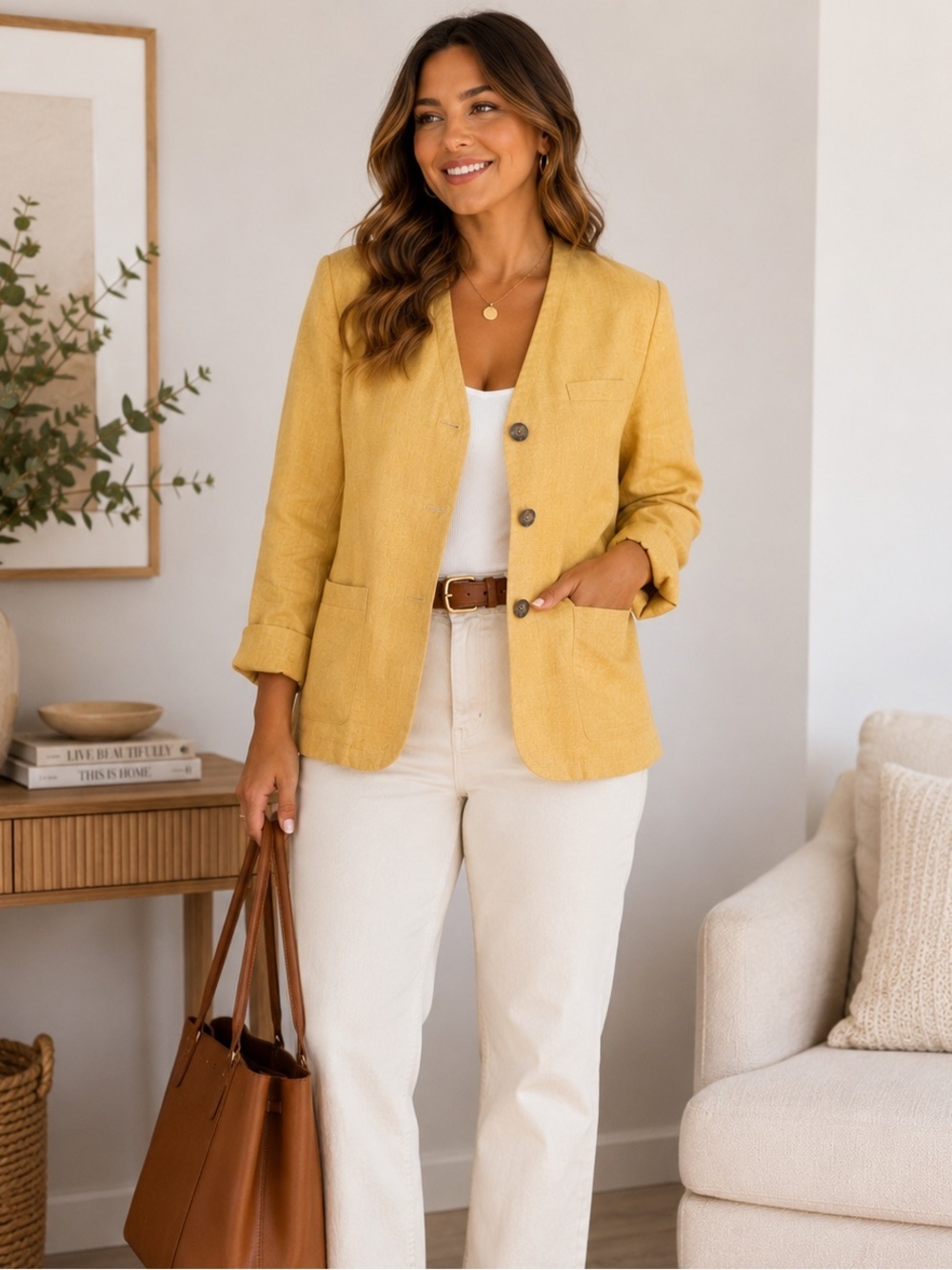 Vintage Bianca Beige Linen Blend Blazer Jacket Size 10 Minimalist Chic